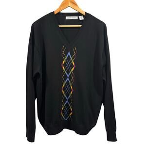 Vintage Greg Norman Men's XL Black 100% Merino Argyle V-Neck Sweater Pullover